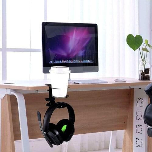 2 In 1 Universal Gaming Headphone Holder Headset Hook Hanger Mount Under Desk Drink Cup Mug Rack Organizer with Clamp