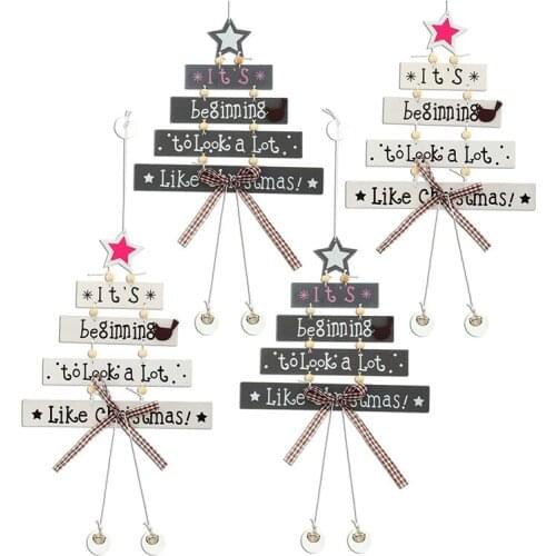 4Pcs Christmas Wood Tree Pendant Wooden Crafts Wooden Card Hanging Ornaments For Christmas Window Door Decorations