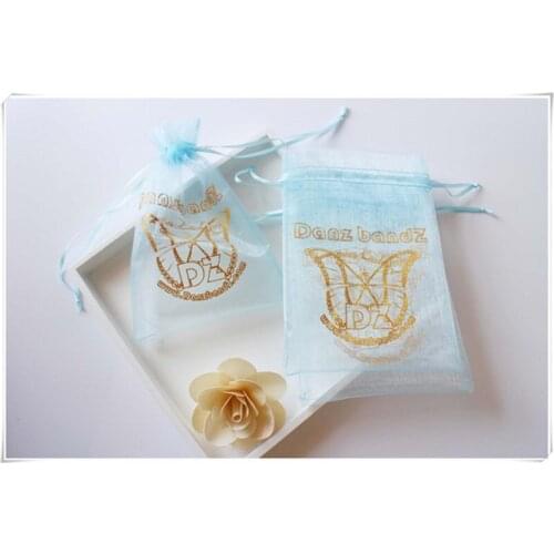 Customized gold Logo blue Organza Gift bag Candy Bags Jewellry Package Pouch wedding gift bag