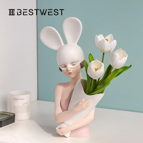 Creative ornament rabbit girl holding flowers Crafts lovely decorative home furnishings home accessories home accessories resin
