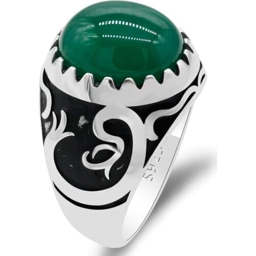 925 Sterling Silver Vintage Domineering Drogan Men Ring with Green Agate Natural Stone Male Rings Turkish Style Jewelry Gift