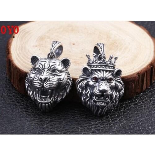 100% S925 Sterling Silver Mens Domineering Lion Head Forest Crown Pendant Thai Silver Retro