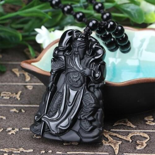 Natural Black Obsidian Stone Carved Guan Yu Pendant Necklace Mammon Guan Gong Lucky Amulet Gift For Men Jades Jewelry