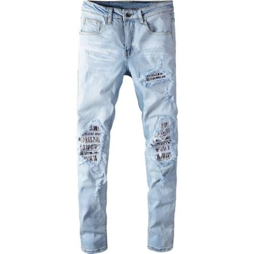 New mens male Street light blue Trendy Light Color Ripped Patch Slim Fit Jeans trousers denim pants