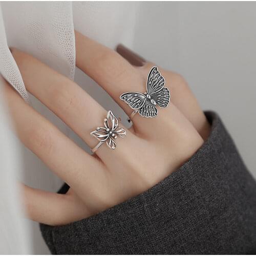 Wholesale 2 PCS/Set Ladies Vintage Lovely Butterfly Animal Ancient Silver Color Alloy Female Opening Ring for Women Jewelry