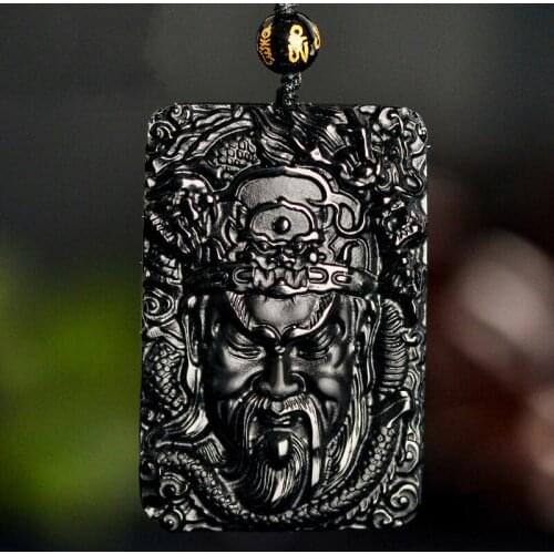 Natural Black Obsidian Hero Guanyu Jade Pendant Necklace Chinese Hand-Carved Fashion Jewelry Amulet Accessories for Men Women