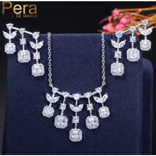 Pera Trendy Brand CZ Wedding Party Jewelry Big Leaf Square Drop Necklaces and Earrings Sets for Bridal Dress Accessories J301