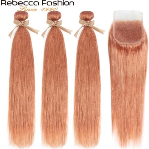 Rebecca Orange Blonde Bundles With Closure Brazilian Straight Remy Human Hair 3 Bundles Orange Blonde With Closure