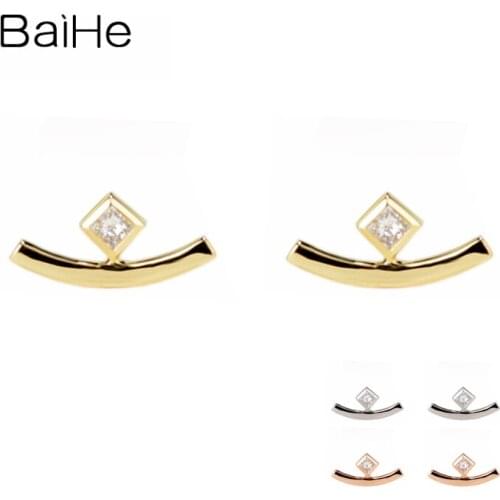 BAIHE Solid 14K Yellow/Rose/White Gold Square Sparkling Diamonds Cерьги Wedding Trendy Fine Jewelry Smile Stud Earrings Cережки