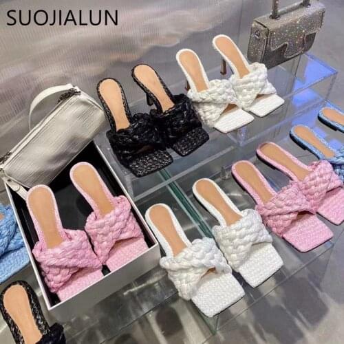 SUOJIALUN 2021 Brand Women Slipper Fashion Crocheting Lafite Grass Square Toe Slides Summer Cane Weave Sandal Casual Flip Flops