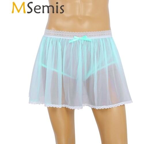 MSemis Men Adults Sexy Cosplay Lingerie Nightgown Elastic Lace Waist Sheer Mesh Ruffled Sissy Crossdress Short Skirt Panties