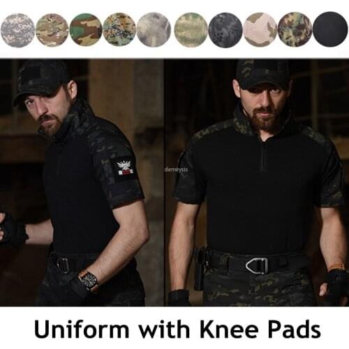 Tactical Military Uniform Camouflage Short Sleeve T-Shirt + Pants Suit Mens Army Paintball Airsoft Combat Uniform with Knee Pads