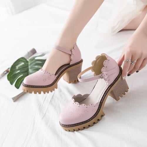 Korean Harajuku Style Round Head Japanese Mori girl Vintage Cutout Heavy-Bottomed Coarse Heel Large Size 33-43 Lolita Shoes