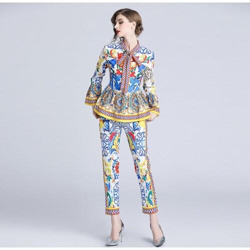 2020 Summer Autumn Runway Designers 2 Pieces Set Womens Blue White Porcelain Tops And Pants Laces Up Blouses Flare Tops Suits