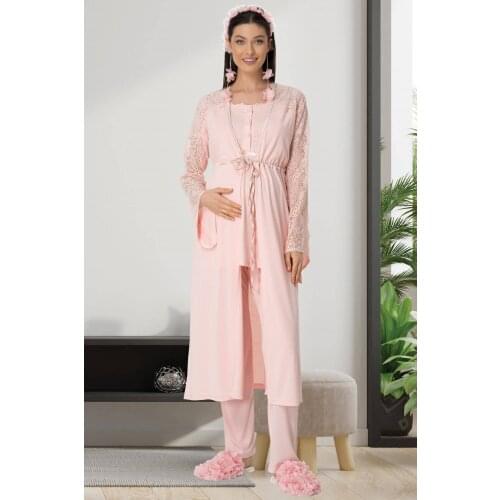 Womens Pregnant Postpartum Pajamas Set Lacy Dressing Gown Cotton 3 Piece Set