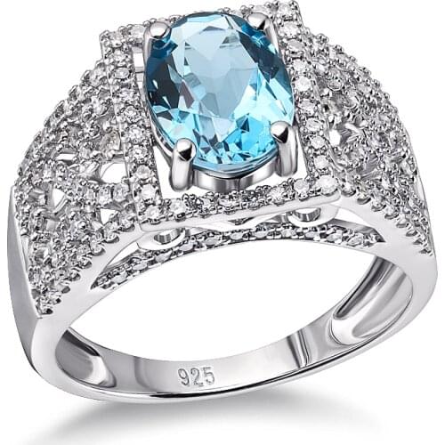 Natural Blue Topaz Gemstone Dainty Women Jewelry 925 Sterling Silver bling Diamond Ring