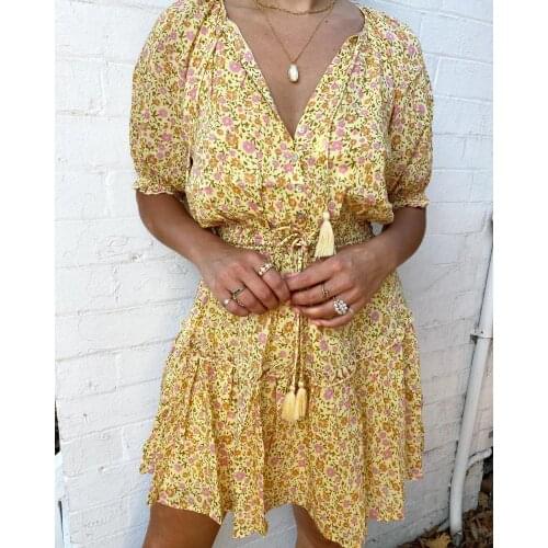 Happie Queens women floral print off shoulder high elestic beach Bohemian dress Ladies ruffles rayon Boho mini dress vestidos