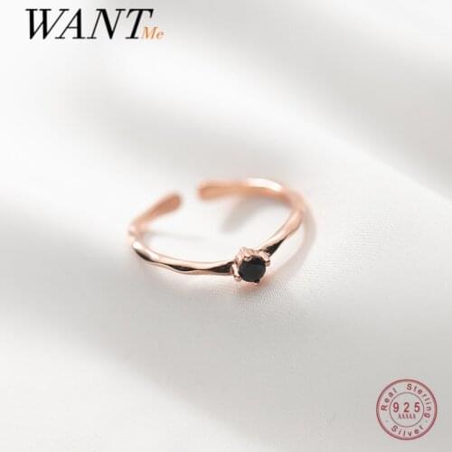 WANTME 925 Sterling Silver Fashion Simple Black Zircon Geometric Wave Adjustable Ring for Women Goth Unique European Jewelry