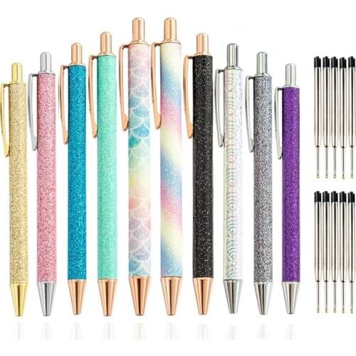 10Pcs Metal Ballpoint Pens 1.0 mm Retractable Ballpoint Pens Glitter Metal Pens with 10Pcs Refills for School Supplies