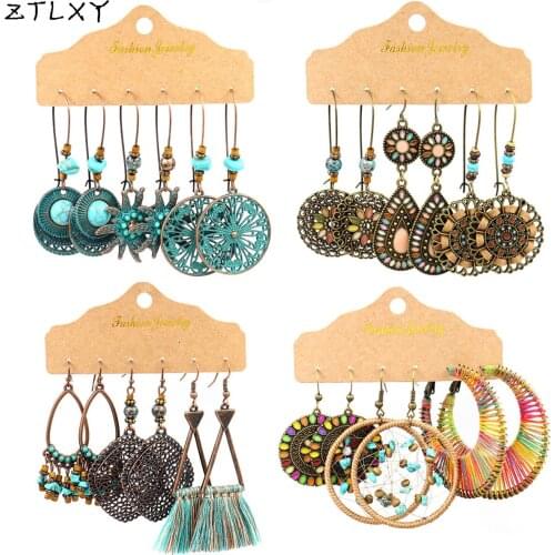 3 Pairs Vintage Elegant Ethnic Gypsy Boho Irregular Dangle Hanging Drop Earrings for Women Fashion 2021 Jewelry Accessories Gift