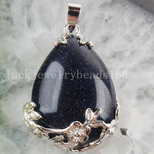 Free Shipping Women Fashion Jewelry 27x36mm Blue Sand Stone Teardrop Pendant Bead 1Pcs C3101