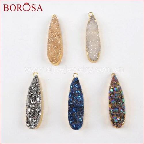 BOROSA 10pcs Druzy Jewelry Teardrop Gold Natural Crystal Titanium Druzy Charm Pendants G1069