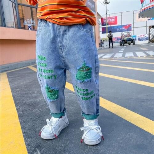 2021 Autumn New Kids Jeans Pants Korean Casual Loose Boys Girls Letter Denim Pants 2-8 Y Toddler Baby Fashion Broken Hole Jeans