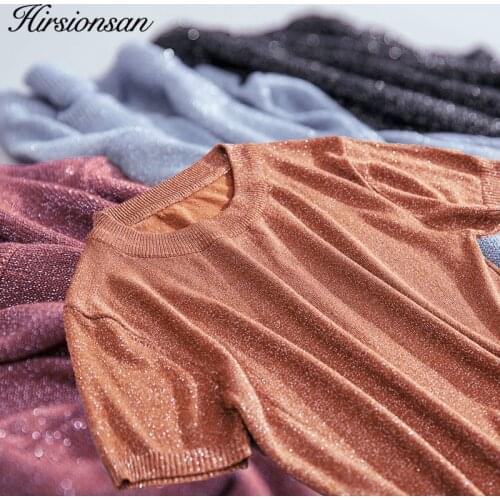 Hirsionsan Summer T Shirt Women Silver Shiny Lurex Casual Solid T-Shirt 2019 Korean Tops Tee Shirt Femme Slim Harajuku Tshirt