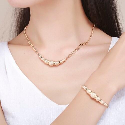 Brass w Yellow Gold Color Royal Golden Matte Beads Balls Curb Chain Choker Necklaces and Bracelet Jewelry Sets for Women Wedding