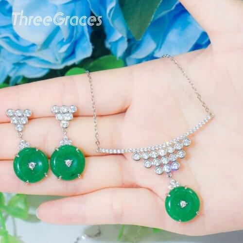 ThreeGraces Elegant Green AAA CZ Stone Big Circle Drop Pendant Aesthetic Necklace Earrings Jewelry Sets for Women Party JS518