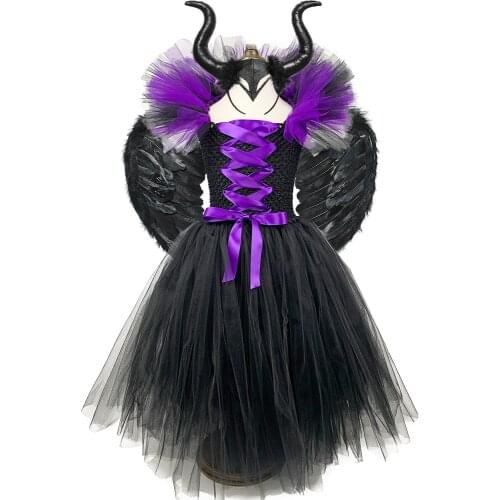 Black Purple Evil Queen Costume Girls Party Dresses Long Kid Demon Witch Cosplay Clothes with Horns Wings Child Carnival Gifts