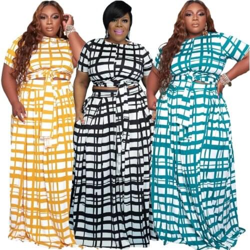 Summer 2021 Plus Size Women Two 2 Piece Outfits Set Short Sleeve T Shirt Femme Long Dress Ladies Suit Wholesale Dropshipping