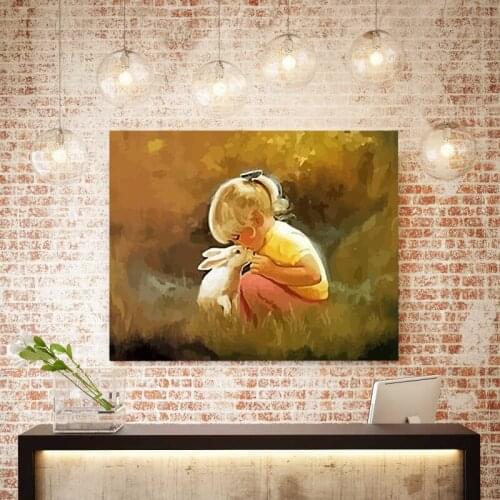 Little girl and rabbit simple animal painting king DIY home decor painting European restaurant hotel decorative painting