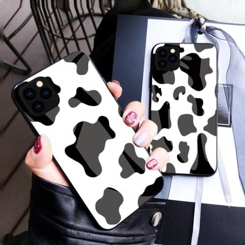 Tempered Glass Phone Case Cover for iPhone SE 2 2020 7 8 6 6s Plus X Xs 11 Pro Max XR Cow Printed Black White Cases Coque Funda