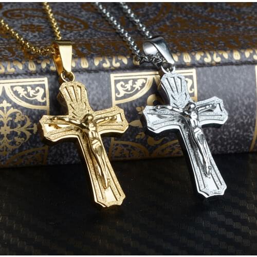 Men Chain Christian Jewelry Gifts Vintage Cross INRI Crucifix Jesus Piece Pendant & Necklace Gold Color Stainless Steel