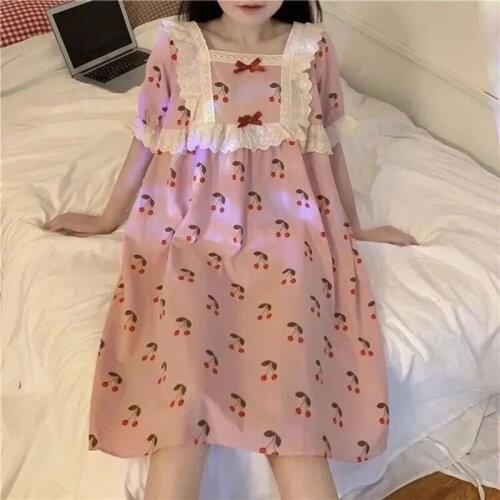 Mom Nightdress 100%Cotton Big Size Loose Homewear Cherry Sleepwear Fashion Short Sleeve Soft Lace Sleepdress KPaCotAkoWka