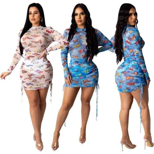 NEW Hot sale Mesh See Through Sexy Party Dress Women Long Sleeve Drawstring Ruched Mini Dresses Bodycon Butterfly Print Clubwear