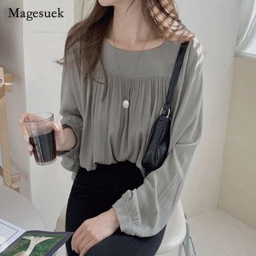 2021 Autumn Women Tops New Long Sleeve Loose Shirt Women Square Collar Blouses Clothes Chiffon Shirt Apricot Blouse Blusas 11696