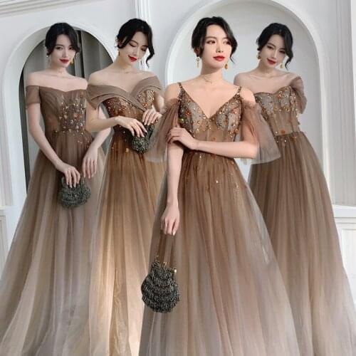 Bridesmaids Dress Off The Shoulder Sequined Pleat Embroidery Beading Boat Neck A-Line Crystal Tulle Lady Wedding Party Gown E237