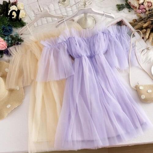 Luck A Summer Solid Sweet Strap Dress Women Elegant Slash Neck Princess Sexy Mini Dress Loose Pretty Party Korean Dress 2021