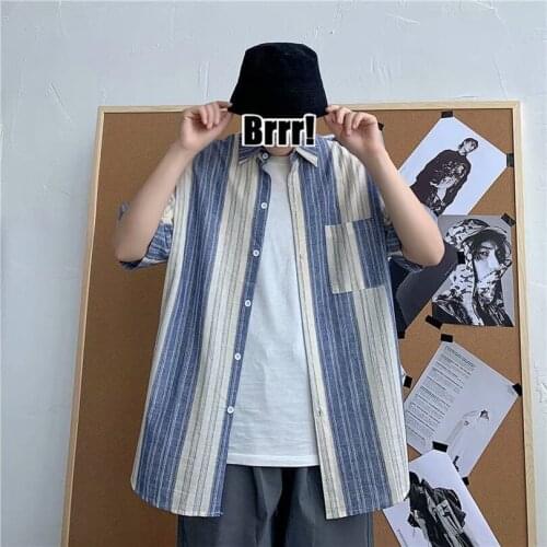 2021 Summer Striped Shirts for Men Short Sleeve Oversized Casual Top Dress Loose Collar Button Shirt Leisure Mens clothing