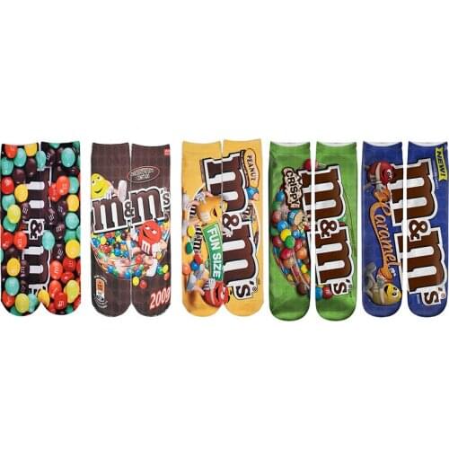 Happiness Socks Women Children 3D Print M&M Chocolate Beans Ankle Socks Men 100% Cotton Socks Comfortable 30cm 40cm
