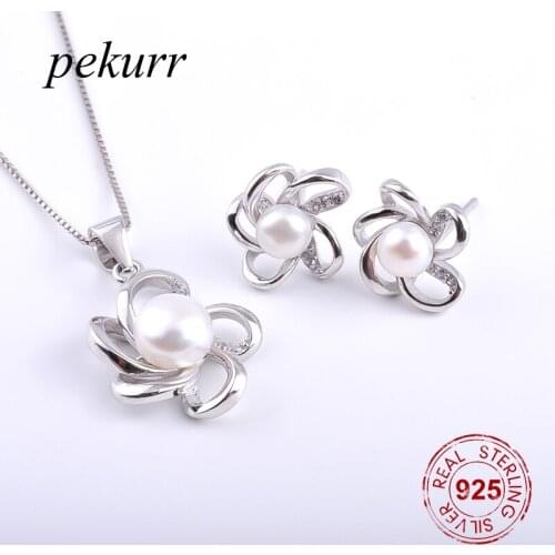 Pekurr 925 Sterling Silver Hollow Swirl Flower Freshwater Natural Pearl Earrings Necklace Sets For Women Zircon Pendants Sets