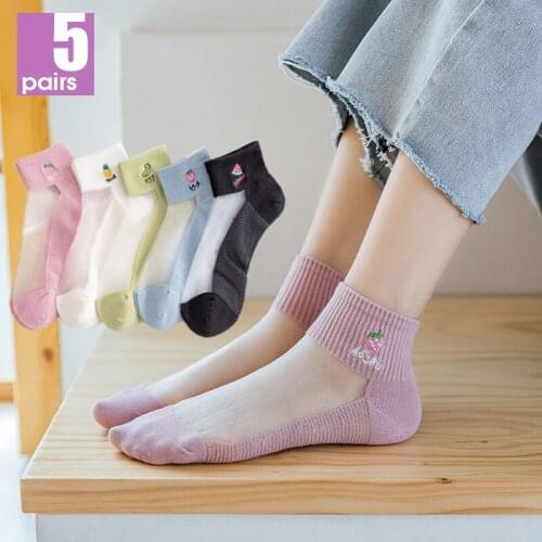 Glass Socks Japanese Candy Transparent Socks Kawaii Cute Things Harajuku Summer Women Thin Banana Strawberry Tulle 5 Pairs Lot