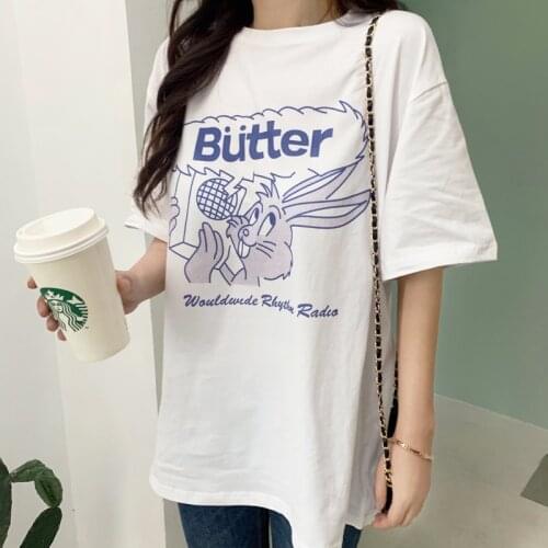 Cartoon Rabbit Letter Print Loose T-shirt Womens T-shirts Tops Japanese Kawaii Ulzzang Female Korean Harajuku Clothes For Women