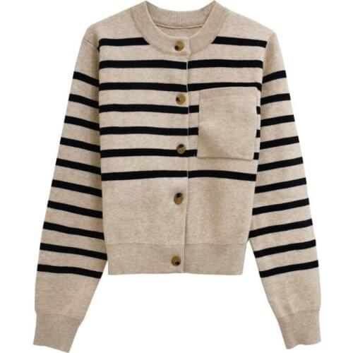 Crew Neck Striped Cropped Cardigan Women Sweater Fashion 2021 Single Breasted Y2K Preppy Style Knitted Coat Korea Clothes w558