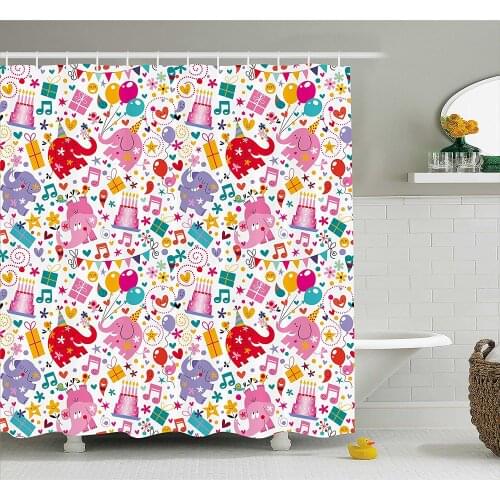 Birthday Decorations for Kids Shower Curtain Children Party Theme Animals Elephant Hearts and Balloons Home Decor Bath Curtains