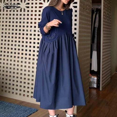 Spring Fake Two Piece Knit Dress Women Plus Size XL-5XL Ladies Long Sleeve Ruffle O Neck Shirt Dress Vestidos with Pocket 13345