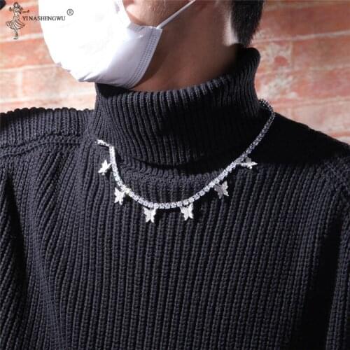 Women Hip Hop Bling Choker Iced Out 16inch Tennis Chain Butterfly Necklaces Luxury Golden Silver Color Chain Fashion Jewelry
