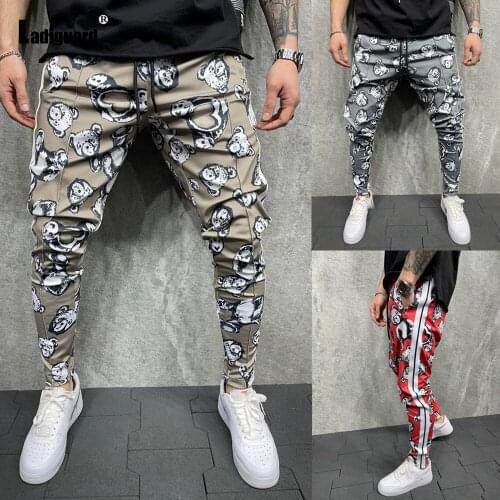 Ladiguard Plus Size Men Fashion Lace-up Pant Male Casual Pants 2021 Bear Print Bottom Streetwear Mens Hip Hop Pencil Pants